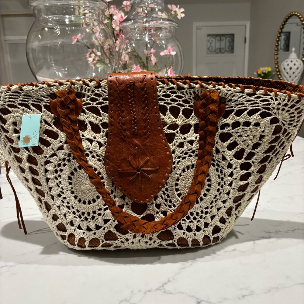 Elegant Brown and Cream Crochet Tote Bag